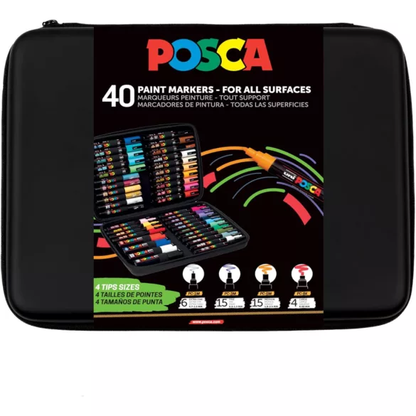 Posca filc készlet, Nagy - Uni Posca 40pcs Acrylic Paint Markers Large Set in Zipp-Case - 40pcs