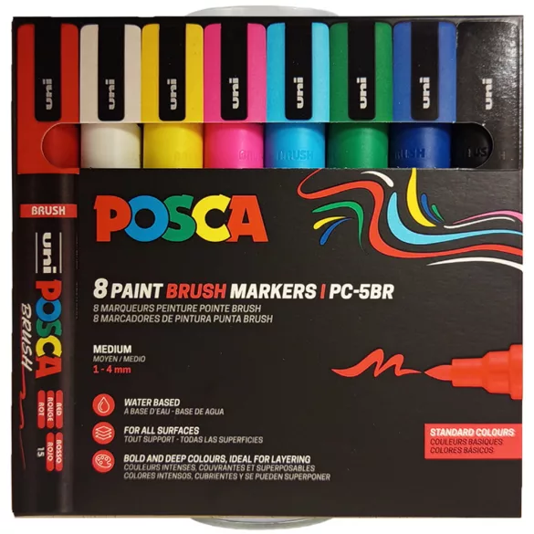 Posca ecsetilc készlet - Posca 8 Paint Brush Markers Set, Standard Colors, Brush Tip, 1-4mm