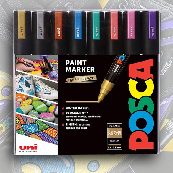 Akrilfilc készlet - Uni Posca Acrylic Paint Marker PC5M Set, Medium - 1.8-2.5mm - Metal