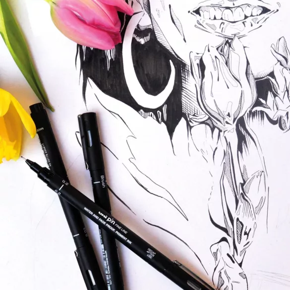 Tűfilc készlet - UNI PIN Manga Shonen 5 db-os készlet - fekete 0.05, 0.3, 0.8, 1.2 és ecsetfilc