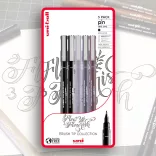 Filc készlet - Uni-Ball Flow Flowrish Brush Tip Collection Set 5pc Uni-pin - sepia, ligh and dark grey, black