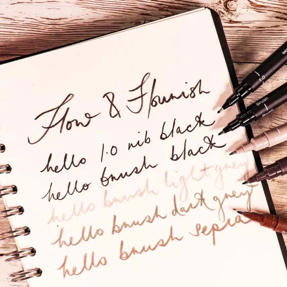 Filc készlet - Uni-Ball Flow Flowrish Brush Tip Collection Set 5pc Uni-pin - sepia, ligh and dark grey, black