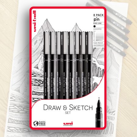 Draw & Sketch Set 8pc Uni-pin - Black