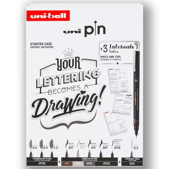 Tűfilc és ecsetfilc készlet - UNI PIN MANGA 9 db-os készlet - fekete tűfilcek plusz ecsetfilcek: fekete, világosszürke és sötétszürke