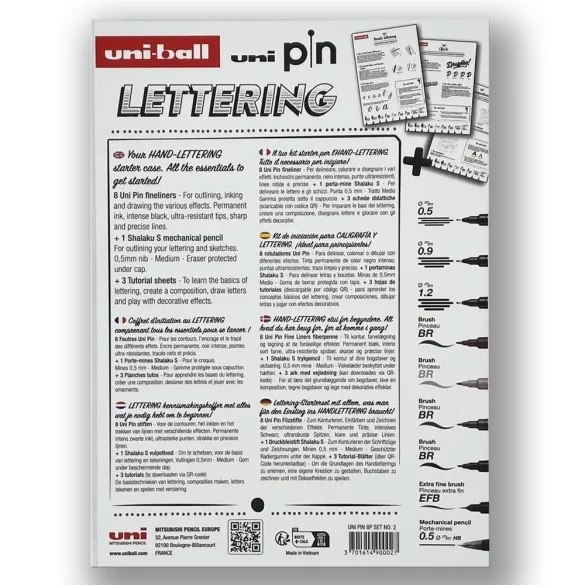 Tűfilc és ecsetfilc készlet - UNI PIN MANGA 9 db-os készlet - fekete tűfilcek plusz ecsetfilcek: fekete, világosszürke és sötétszürke