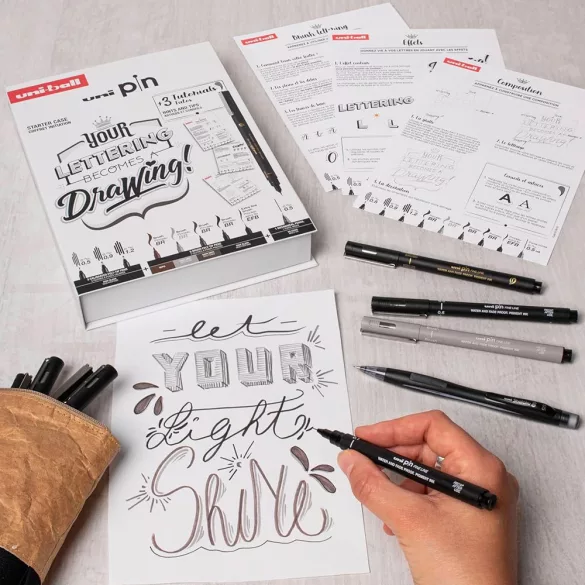 Tűfilc és ecsetfilc készlet - UNI PIN MANGA 9 db-os készlet - fekete tűfilcek plusz ecsetfilcek: fekete, világosszürke és sötétszürke