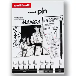 Tűfilc és ecsetfilc készlet - UNI PIN MANGA 9 db-os készlet - fekete tűfilcek plusz ecsetfilcek: fekete, világosszürke és sötétszürke