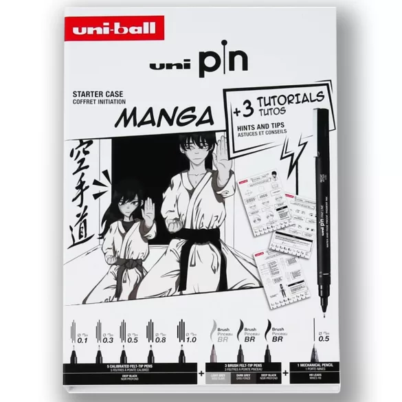 Tűfilc és ecsetfilc készlet - UNI PIN MANGA 9 db-os készlet - fekete tűfilcek plusz ecsetfilcek: fekete, világosszürke és sötétszürke