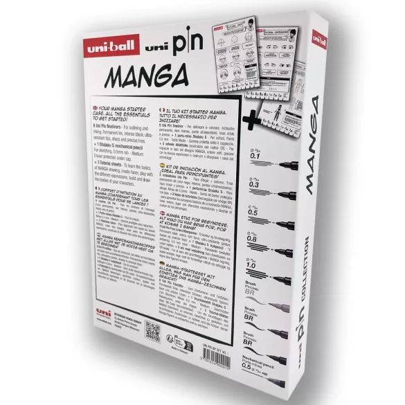 Tűfilc és ecsetfilc készlet - UNI PIN MANGA 9 db-os készlet - fekete tűfilcek plusz ecsetfilcek: fekete, világosszürke és sötétszürke