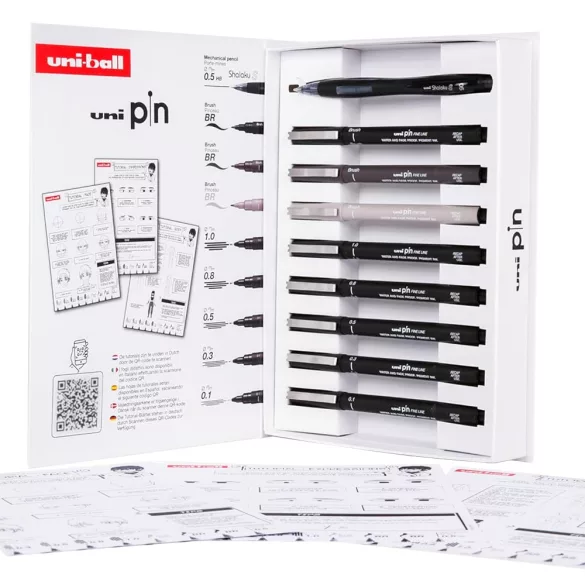 Tűfilc és ecsetfilc készlet - UNI PIN MANGA 9 db-os készlet - fekete tűfilcek plusz ecsetfilcek: fekete, világosszürke és sötétszürke