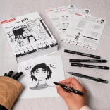 Tűfilc és ecsetfilc készlet - UNI PIN MANGA 9 db-os készlet - fekete tűfilcek plusz ecsetfilcek: fekete, világosszürke és sötétszürke