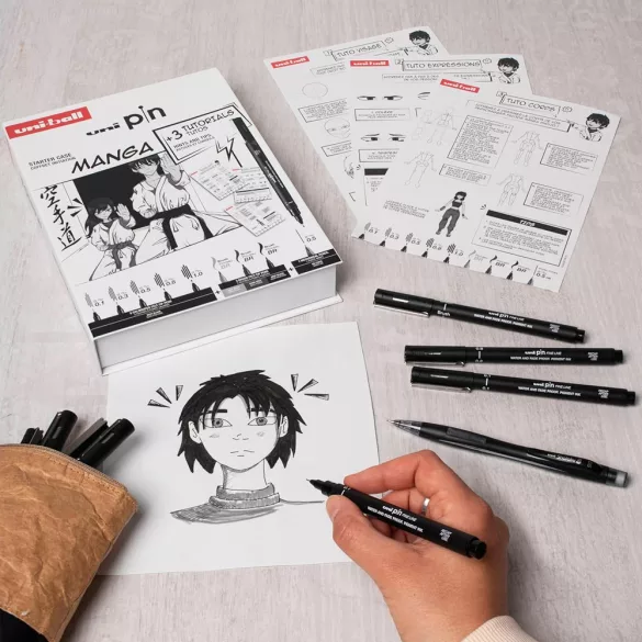 Tűfilc és ecsetfilc készlet - UNI PIN MANGA 9 db-os készlet - fekete tűfilcek plusz ecsetfilcek: fekete, világosszürke és sötétszürke