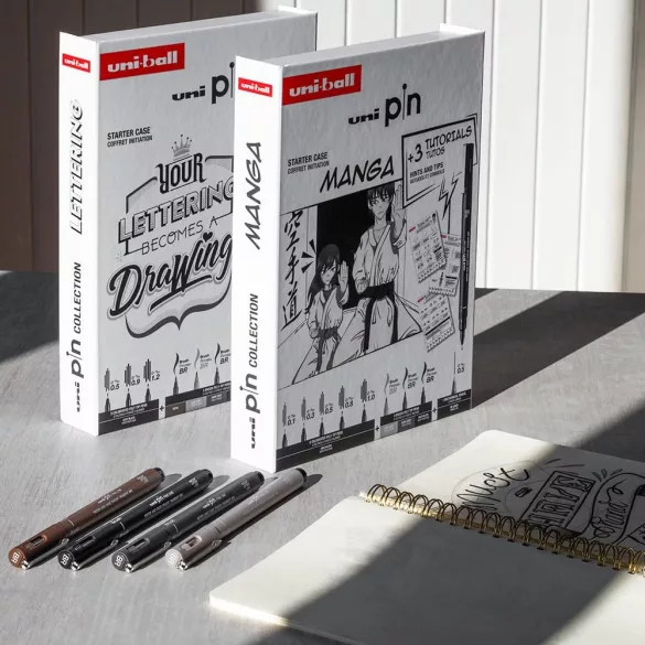 Tűfilc és ecsetfilc készlet - UNI PIN MANGA 9 db-os készlet - fekete tűfilcek plusz ecsetfilcek: fekete, világosszürke és sötétszürke