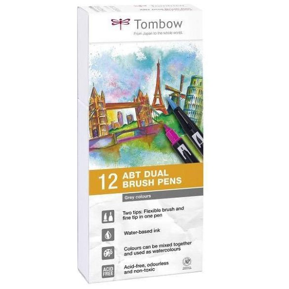 Tombow ABT Dual Brush Pen - Kéthegyű marker filctoll 12 db - szürke árnyalatok