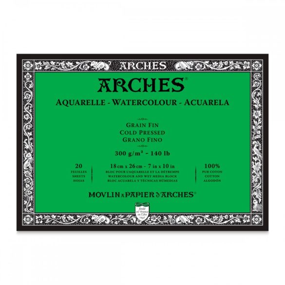 ARCHES savmentes akvarelltömb 100 % pamutból, 300 gr, hidegen préselt - 20 lap, 18 x 26 cm