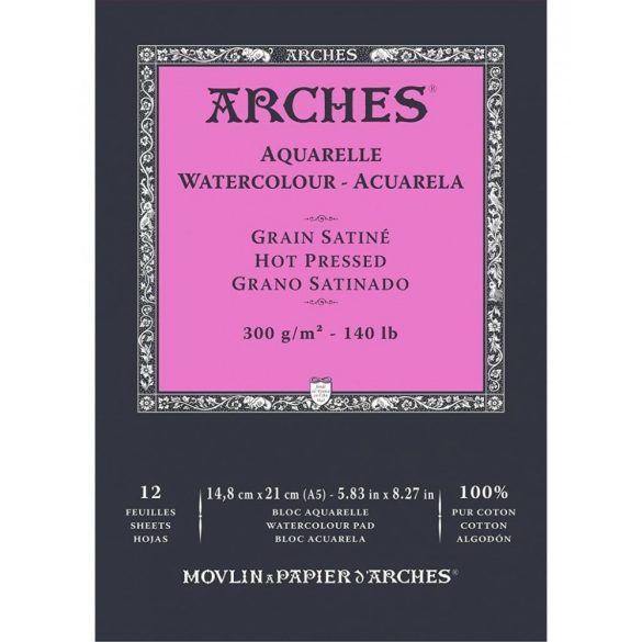 ARCHES savmentes akvarelltömb 100 % pamutból, 300 gr, melegen préselt, sima - 12 lap, A5