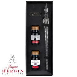   Calligraphy Set - Jacques Herbin Transparent Spiral Body Round Glass Pen & Ink Set