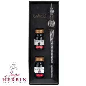 Calligraphy Set - Jacques Herbin Transparent Spiral Body Round Glass Pen & Ink Set
