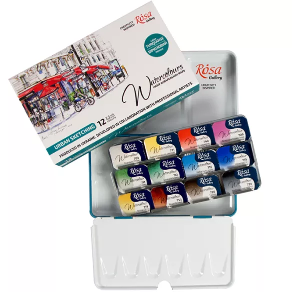 Akvarellfesték készlet, szilkés - Rósa Gallery Watercolours "Urban Sketching" Set in Tin box - 12x2,5ml