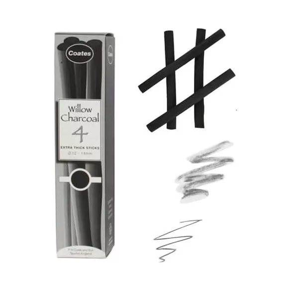 Coates Willow Charcoal Set of 4 Charcoal Stick, Black 12-14 mm (and other sizes)