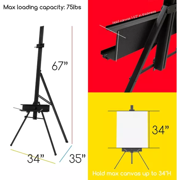 Hordozható festőállvány - MEEDEN Aluminum Portable Art Tripod Easel, Stand for Painting, Black 