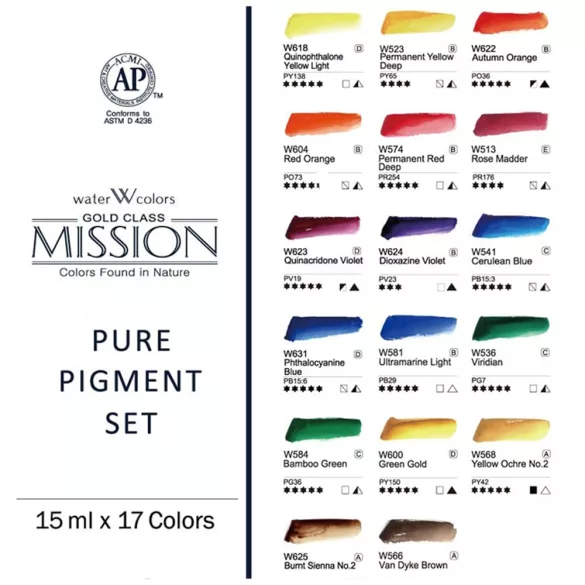 Akvarellfesték készlet, tubusos - Mijello Mission Gold Class Pure Pigment Watercolor Set (MWC-1517P) – 17 x 15ml