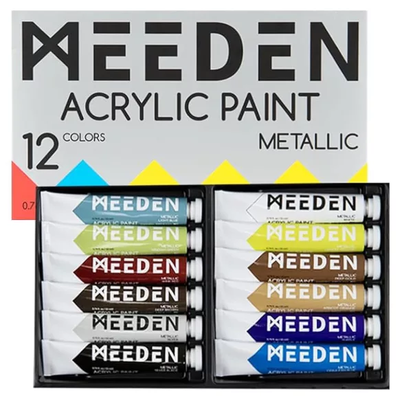 Akrilfesték készlet, sűrű - MEEDEN Heavy Body Acrylic Paint Set, 12 Metallic Colors (0.74 oz, 22 ml) in tube