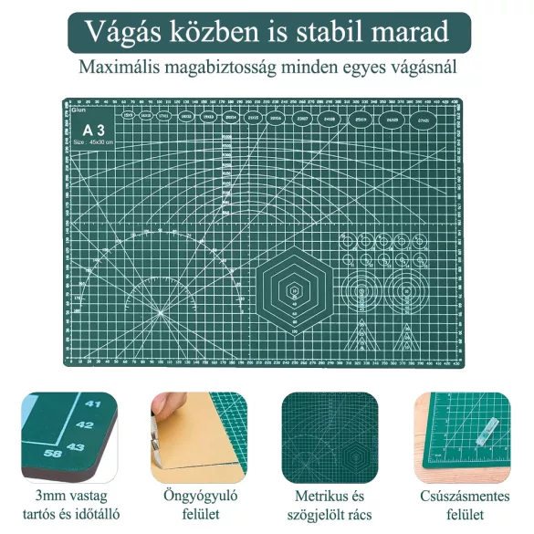 Vágóalátét - öngyógyuló vágólap, centiméteres beosztással, zöld színű - DAFA - A3-as méret, 45x30 cm, 3 mm vastag