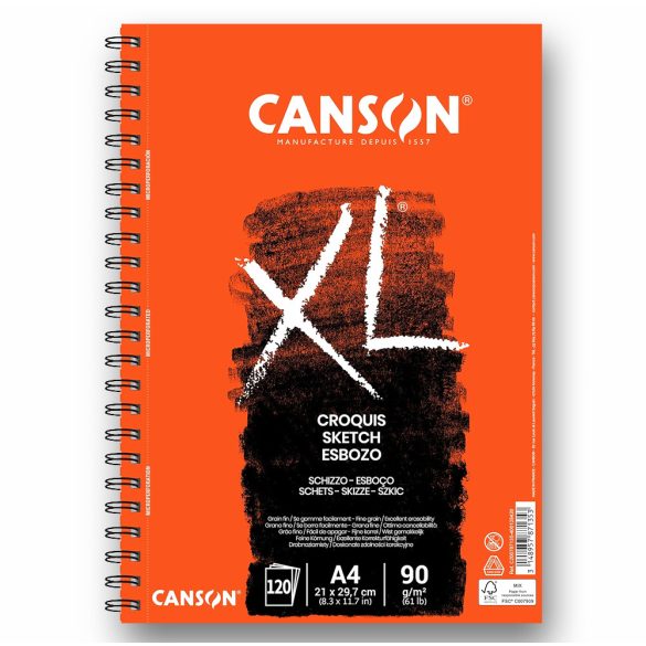 Sketchpad - CANSON "XL" Croquis 90gr, 120 Sheets Long Side Spiral - A4