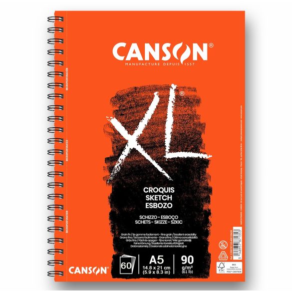 Sketchpad - CANSON "XL" Croquis 90gr, 60 Sheets Long Side Spiral (A5)