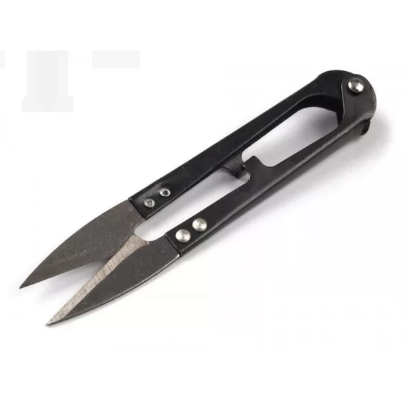 Egyenes, fekete szálvágó olló, erősített pengéjű kivitel