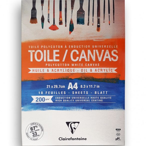 Festővászon tömb - Clairefontaine Toile Canvas Polycotton White Canvas - alapozott, fehér, 200gr - A4