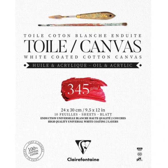 Festővászon tömb - Clairefontaine - alapozott, fehér, 100% pamut, 345 gr - 42*56