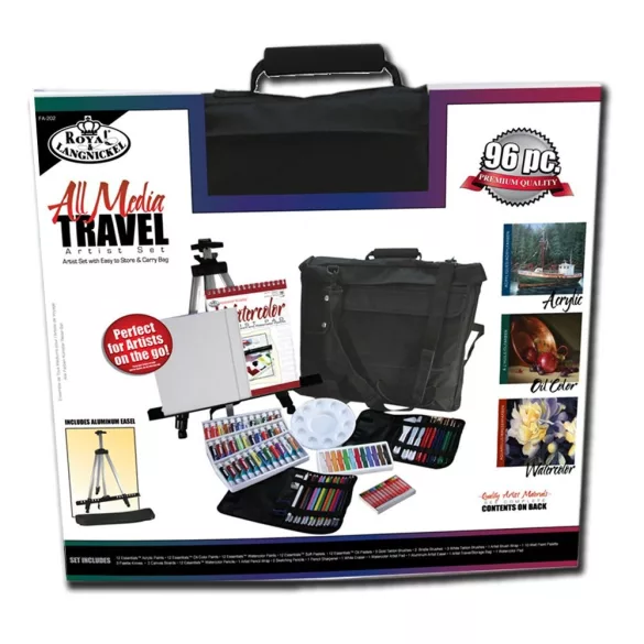 Óriás akril, olaj és akvarell utazó művészkészlet, hordozható alumínium festőállvánnyal - Royal Mixed Media 96 részes szett, 55x55cm