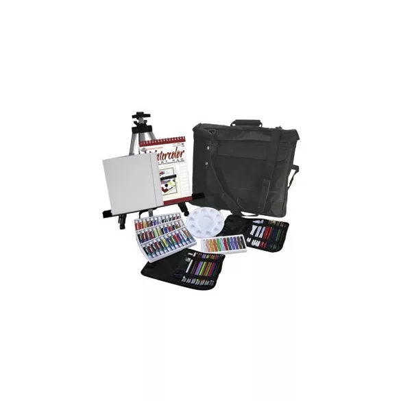 Óriás akril, olaj és akvarell utazó művészkészlet, hordozható alumínium festőállvánnyal - Royal Mixed Media 96 részes szett, 55x55cm