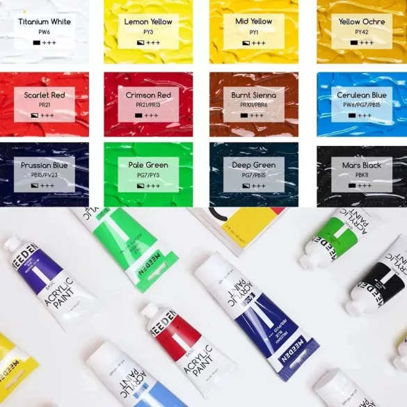 Akrilfesték készlet - MEEDEN Heavy Body Acrylic Paint Set, 12 Vibrant Colors 12x60 ml  - Alapszínek