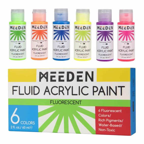 Akrilfesték készlet - MEEDEN Fluid Acrylic Paint Set, 6 Fluorescent Colors (2 oz, 60 ml)