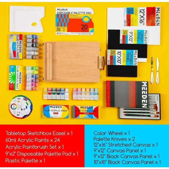 MEEDEN Acryric Painting Set With Wood Tabletop Sketchbox Easel