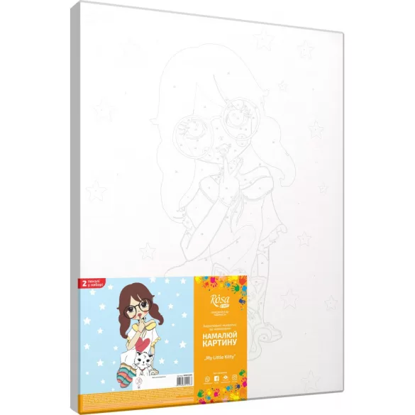 Számozott kifestő készlet vászonra 35x45 cm - Akrilfestékkel, ecsetekkel, felnőtteknek - Kislány fehér cicával