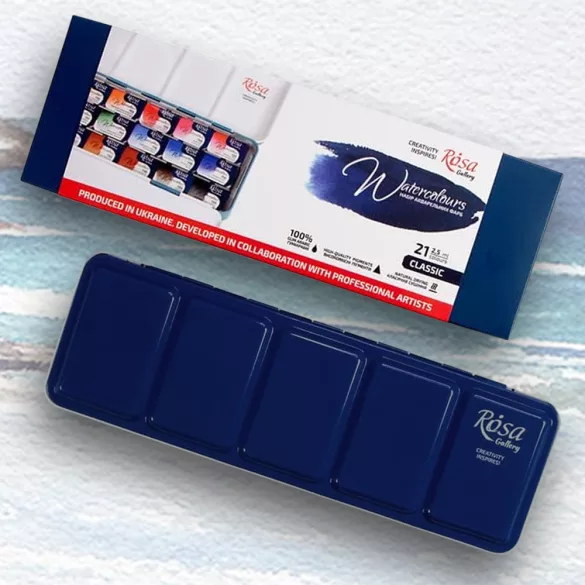 Akvarellfesték készlet, szilkés - Rosa Gallery Classic - 21 x 2,5 ml - fémdobozos