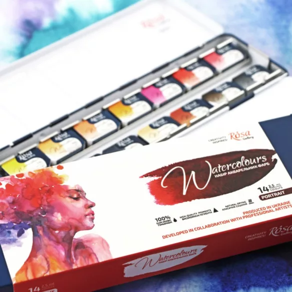 Akvarellfesték készlet, szilkés - Rósa Gallery Portrait - 14 x 2,5 ml - fémdobozos - Új kiszerelés