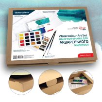   Akvarellfestő készlet - Rósa Studio 16 színű szilkés akvarelfestékkel, ecsetekkel, színkeverővel és akvareltömbbel - kartondobozban