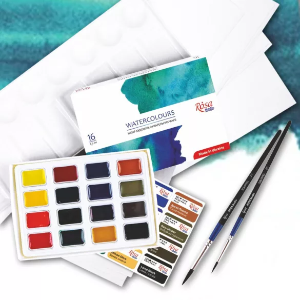 Akvarellfestő készlet - Rósa Studio 16 színű szilkés akvarelfestékkel, ecsetekkel, színkeverővel és akvareltömbbel - kartondobozban