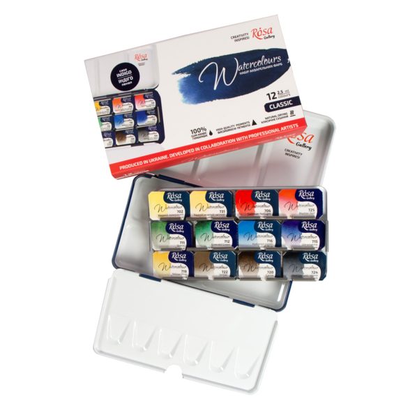Watercolour Paint Set -  "Classic" ROSA Gallery - Set of watercolor paints, Indigo metal case, 12 colours