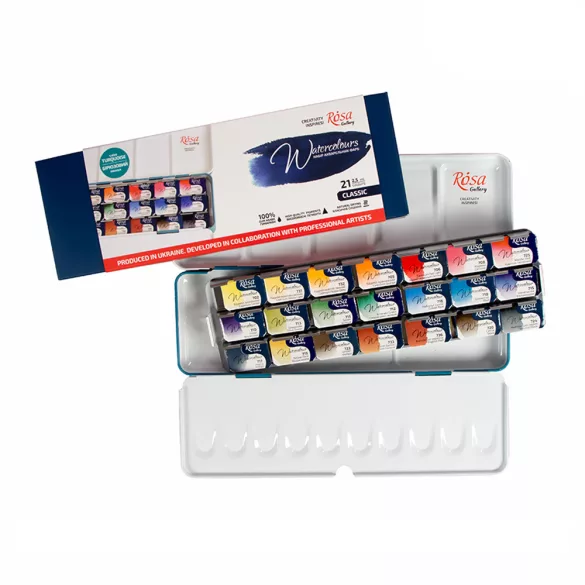 Akvarellfesték készlet - "Classic" ROSA Gallery - Set of watercolor paints, Turquoise metal case, 21 colours