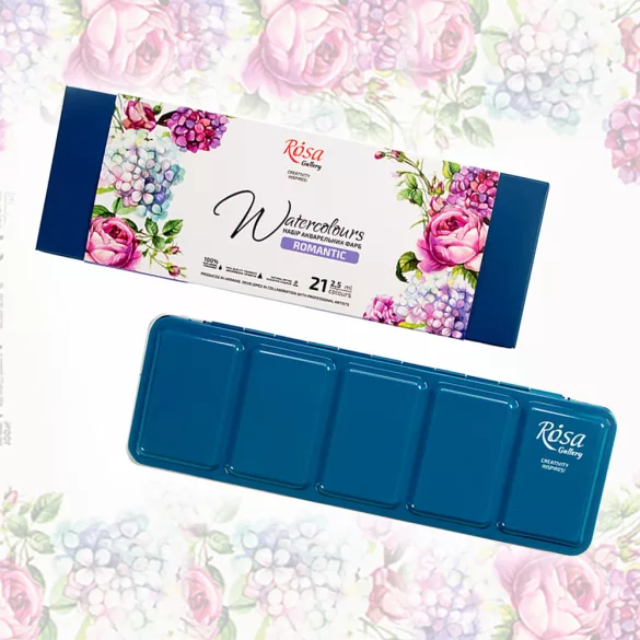 Akvarellfesték készlet - "Romantic" ROSA Gallery - Set of watercolor paints "Romantic" ROSA Gallery, Turquoise metal case, 21 colours
