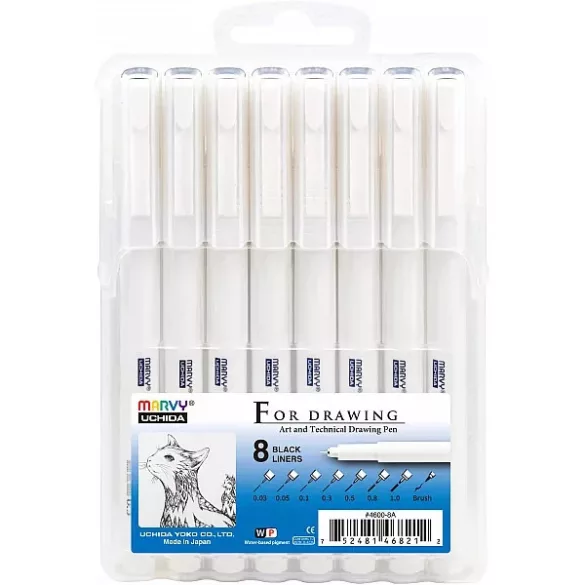 Marvy UCHIDA Drawing Pen - 8 db-os tűhegyű és ecsetvégű tustoll szett