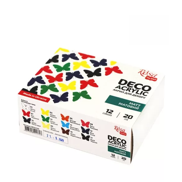 Akrilfesték dekorkészlet, Matt - Rósa Talent Alapszínek - 12 x 20 ml tégelyes - kartondobozban