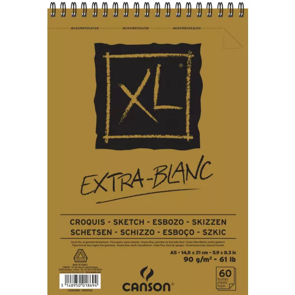 CANSON XL CROQUIS EXTRA BLANC, extra fehér, savmentes, skiccpapír-tömb, rövid oldalán spirálkötött, mikroperforált 90g/m2 60 ív A5