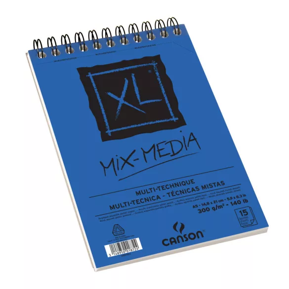 CANSON XL MIX MEDIA természetes fehér enyhén szemcsés rajztömb, rajz és akv. pap. röv. old. spirálkötött, mikroperforált 300g/m2 15 ív A5